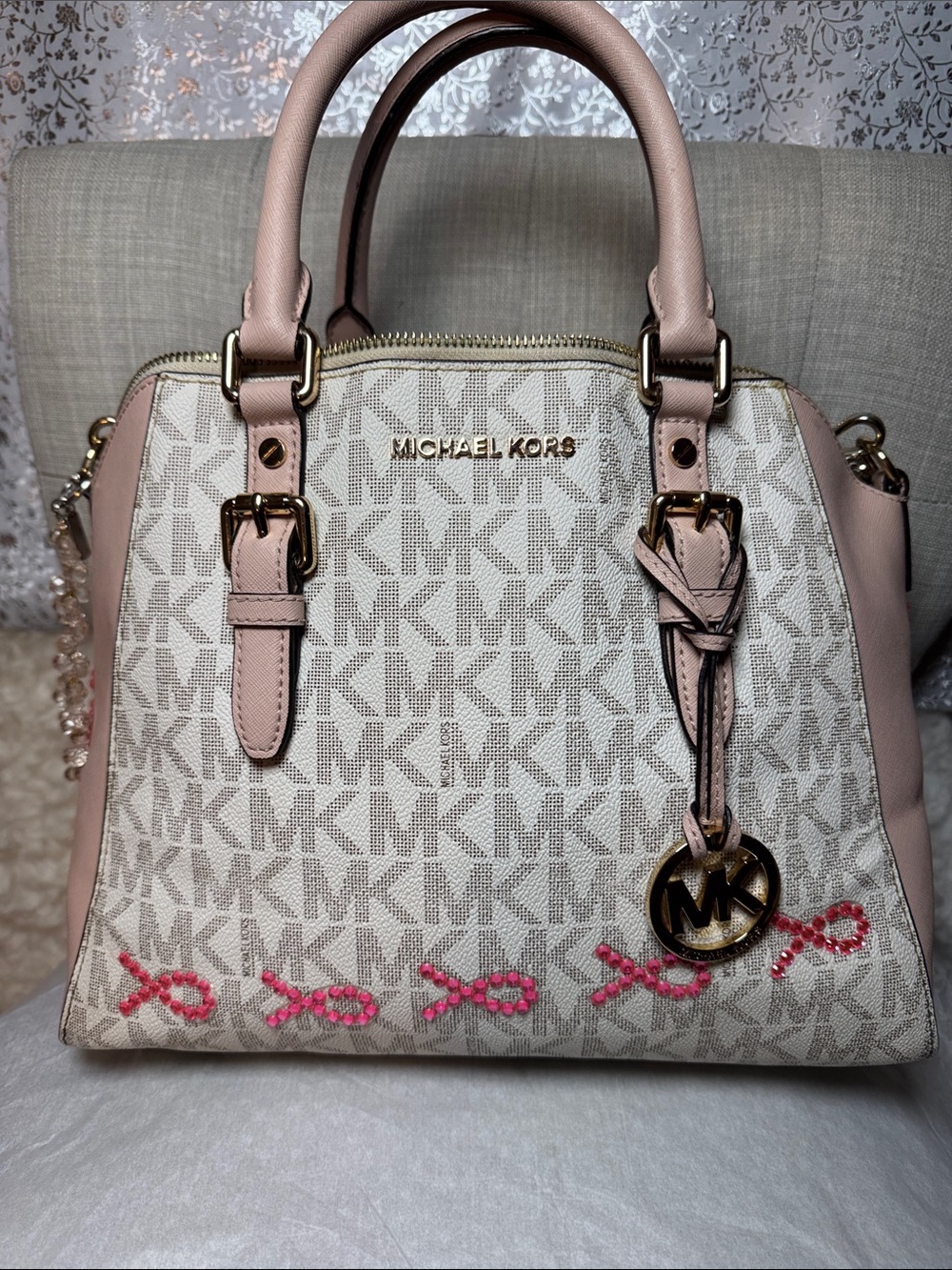 Michael Kors Pink and Beige Signature Satchel
